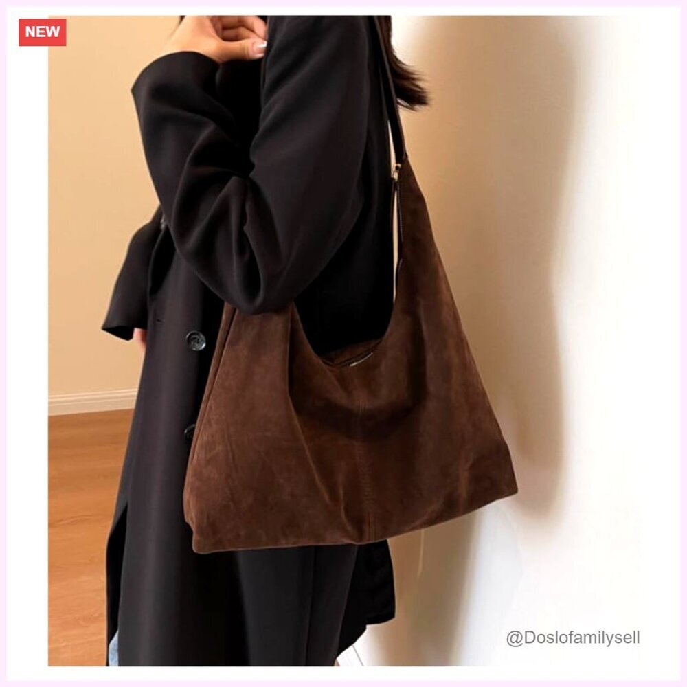 Suede Hobo Tote Bag Adjustable Shoulder Strap Spacious Pockets Fall Trendy - Picture 7 of 7